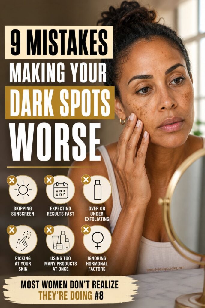 Pinterest infographic titled “9 Mistakes Making Your Dark Spots Worse” featuring a woman with visible hyperpigmentation and melasma examining her skin in a mirror. The design includes bold black and white block lettering with gold accents, plus icons representing common skincare mistakes such as skipping sunscreen, expecting fast results, over-exfoliating, picking at skin, using too many products, and ignoring hormonal causes. A curiosity-driven callout at the bottom reads, “Most Women Don’t Realize They’re Doing #8.”