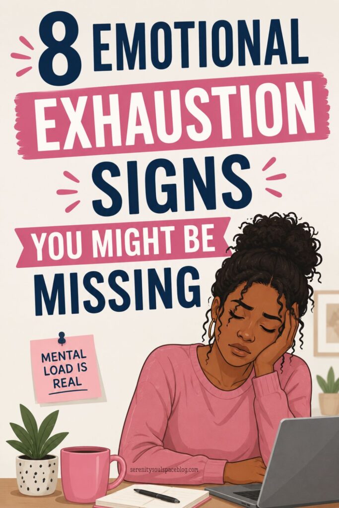Cartoon-style Pinterest pin featuring an exhausted woman sitting at a desk with a laptop, coffee mug, notebook, and plant. Bold pink and navy text reads, “8 Emotional Exhaustion Signs You Might Be Missing.” The woman rests her head on her hand, conveying stress, burnout, mental overload, and emotional fatigue.
