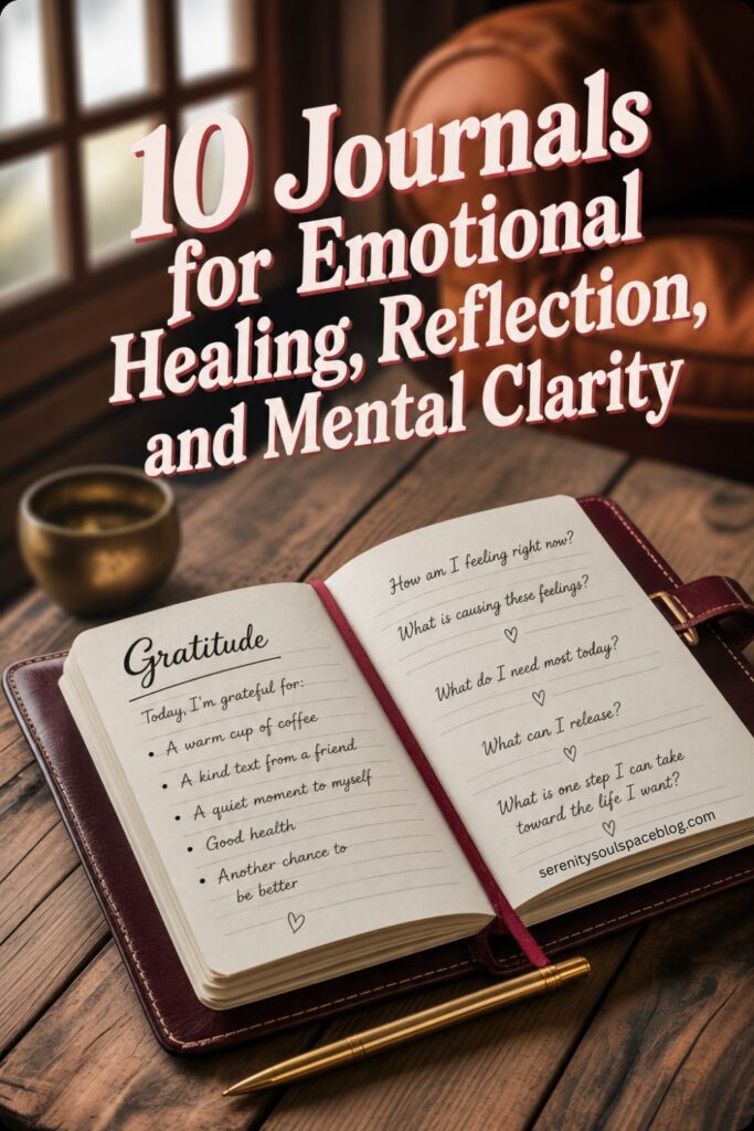 Pinterest pin featuring a cozy journal on a wooden table beside a gold pen and warm candlelight. The open journal contains gratitude and self-reflection prompts focused on emotional healing, reflection, and mental clarity. Large vintage-style text reads, “10 Journals for Emotional Healing, Reflection, and Mental Clarity.” The image creates a calm, comforting atmosphere centered on journaling, mindfulness, self-care, and personal growth.