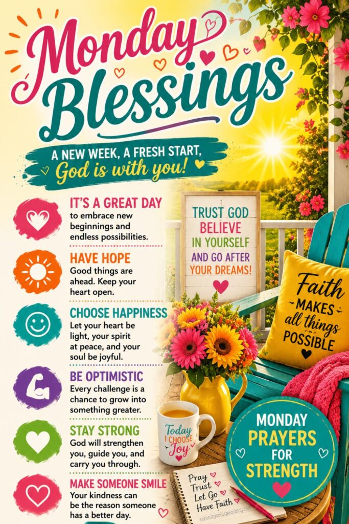 Colorful Monday Blessings Pinterest pin featuring a bright front porch decorated with flowers, a coffee mug, notebook, and faith-inspired decor. The inspirational message encourages hope, happiness, optimism, kindness, and strength for the week ahead. Bold, cheerful colors and the phrase “Monday Prayers for Strength” create an uplifting Christian encouragement theme.