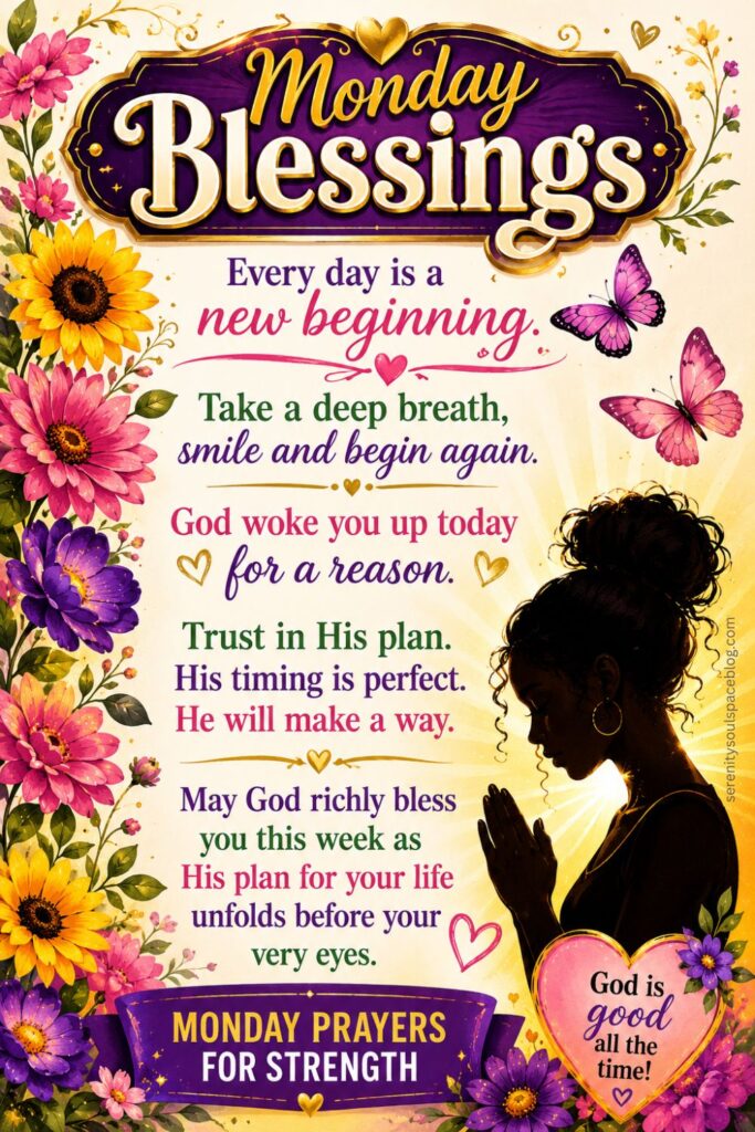 Colorful Monday Blessings Pinterest pin featuring a woman in prayer with her hair in a bun and soft wisps framing her face. Bright pink, purple, and gold flowers surround an inspirational message about trusting God's plan, new beginnings, and Monday prayers for strength. Butterflies, hearts, and a glowing sunrise create a hopeful, uplifting Christian encouragement theme.