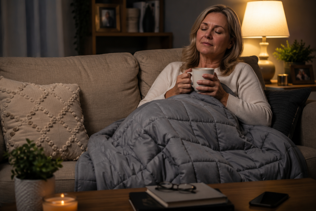 a woman in her 50s relaxing on her couch beneath a gray weighted blanket, holding a warm mug with her eyes closed. A cozy living room with soft lamp lighting, a candle, and calming decor illustrates how deep pressure stimulation can help ease menopause anxiety and promote relaxation before sleep.