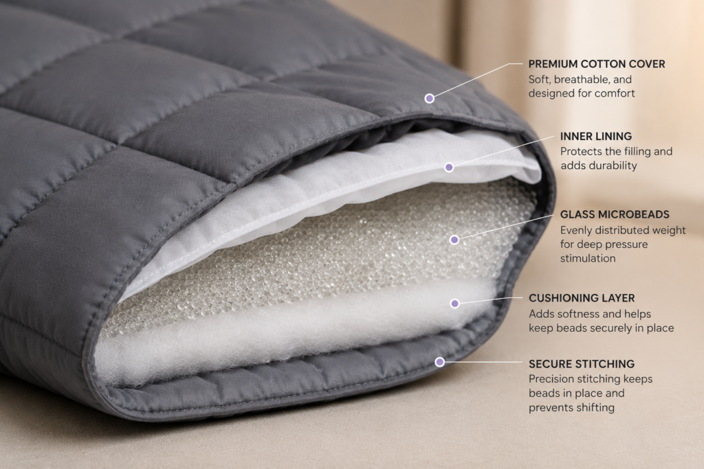 close-up cross-section of a weighted blanket showing its layered construction, including a breathable fabric cover, soft inner padding, glass microbead filling, and reinforced stitching that evenly distributes weight for comfort and deep pressure stimulation.