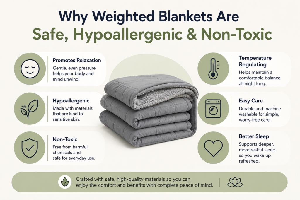a folded gray weighted blanket in the center with simple icons highlighting its benefits. The graphic explains that weighted blankets promote relaxation, use hypoallergenic and non-toxic materials, help regulate temperature, are easy to care for, and support deeper, more restful sleep.