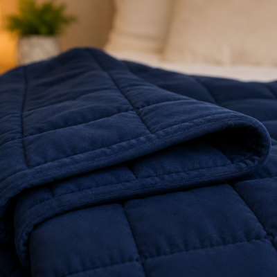 Close-up of a folded navy blue weighted blanket on a neatly made bed, showcasing its soft quilted fabric and evenly stitched pockets. A warm bedside lamp and blurred bedroom décor in the background create a calm, cozy atmosphere that represents restful sleep and relaxation.