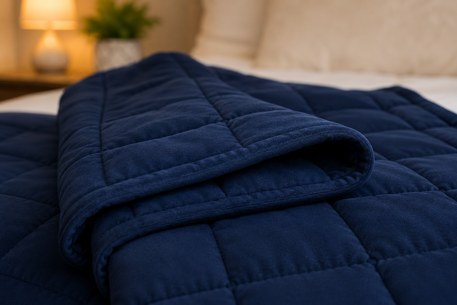 Close-up of a folded navy blue weighted blanket on a neatly made bed, showcasing its soft quilted fabric and evenly stitched pockets. A warm bedside lamp and blurred bedroom décor in the background create a calm, cozy atmosphere that represents restful sleep and relaxation.