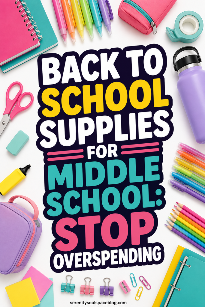 Back to school supplies for middle school featuring bold colorful text surrounded by notebooks, gel pens, scissors, tape, binders, pencils, a lunch bag, water bottle, and other school essentials on a clean white background.