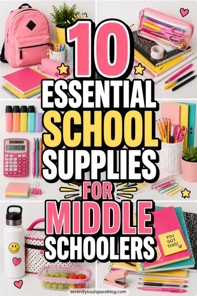 Colorful Pinterest graphic featuring six sections of middle school supplies, including notebooks, pens, highlighters, scissors, a calculator, lunch box, backpack, water bottle, sticky notes, and pencil pouch. Large pink, white, and yellow text reads, "10 Essential School Supplies for Middle Schoolers," with a clean white background and bright school-themed accents.