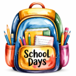 Colorful featured image of a backpack filled with notebooks, pencils, and school supplies on a clean white background. The backpack has a front pocket labeled "School Days" in a playful hand-lettered style, making it a bright and cheerful back-to-school illustration.