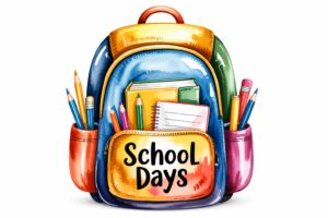Colorful featured image of a backpack filled with notebooks, pencils, and school supplies on a clean white background. The backpack has a front pocket labeled "School Days" in a playful hand-lettered style, making it a bright and cheerful back-to-school illustration.