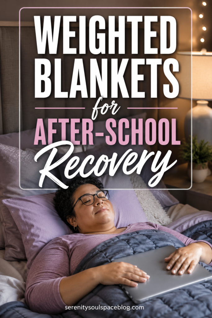 Pinterest pin showing a teacher peacefully resting on her back beneath a gray weighted blanket after a long school day. She wears glasses with a closed laptop resting on top of the blanket. The cozy bedroom features soft purple bedding, a warm bedside lamp, and a calming evening atmosphere. Large white and pink text reads, "Weighted Blankets for After-School Recovery," inside a transparent square frame.