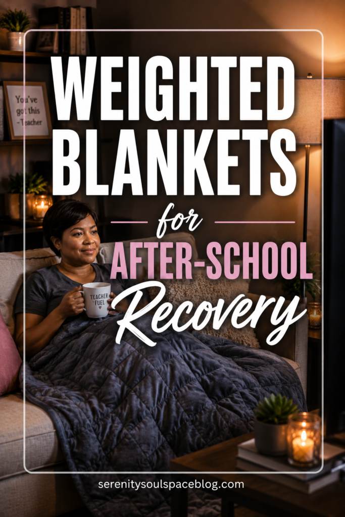 Hyper-realistic Pinterest pin featuring a teacher relaxing on her couch after school with both legs tucked beneath a charcoal gray weighted blanket while watching TV. She holds a mug, wears a comfortable T-shirt, and sits in a cozy living room with warm lamp lighting, candles, plants, and bookshelves in the background. A large transparent square frame surrounds the bold title, "Weighted Blankets for After-School Recovery,."