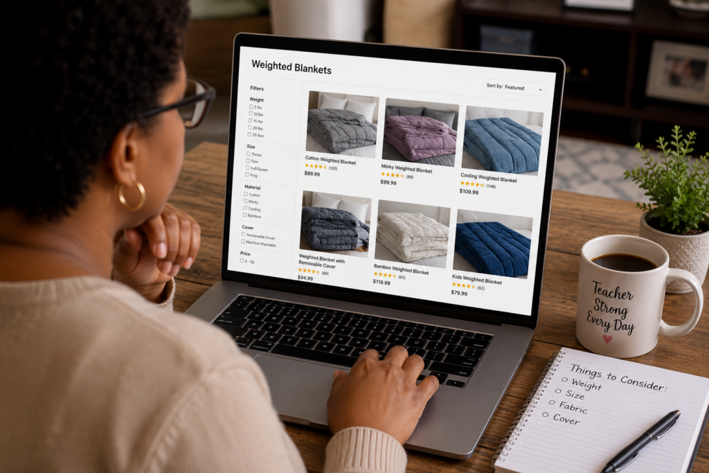 Hyper-realistic landscape image of a teacher sitting at a wooden table comparing weighted blankets on a laptop before buying. The screen displays different blanket options with filters for weight, size, fabric, cover, and price. A notebook lists key buying considerations beside a coffee mug and small plant, illustrating how to choose the right weighted blanket for comfort and better rest after a stressful school day.