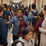 The setting is a busy middle school hallway during class change. A teacher wearing glasses stands in the center directing student traffic, speaking with another teacher while addressing a student. Dozens of students move through the crowded hallway with backpacks, creating a fast-paced, chaotic scene that captures the constant multitasking and stress teachers manage between classes.
