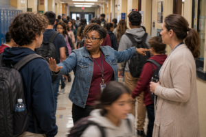 The setting is a busy middle school hallway during class change. A teacher wearing glasses stands in the center directing student traffic, speaking with another teacher while addressing a student. Dozens of students move through the crowded hallway with backpacks, creating a fast-paced, chaotic scene that captures the constant multitasking and stress teachers manage between classes.