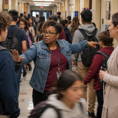 The setting is a busy middle school hallway during class change. A teacher wearing glasses stands in the center directing student traffic, speaking with another teacher while addressing a student. Dozens of students move through the crowded hallway with backpacks, creating a fast-paced, chaotic scene that captures the constant multitasking and stress teachers manage between classes.