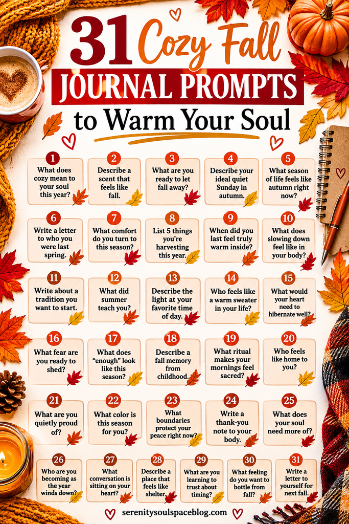 Autumn-themed Pinterest graphic titled “31 Cozy Fall Journal Prompts to Warm Your Soul” featuring 31 numbered journaling questions surrounded by colorful fall leaves, a pumpkin, candle, coffee mug, plaid fabric, cinnamon sticks, and cozy knitted textures.