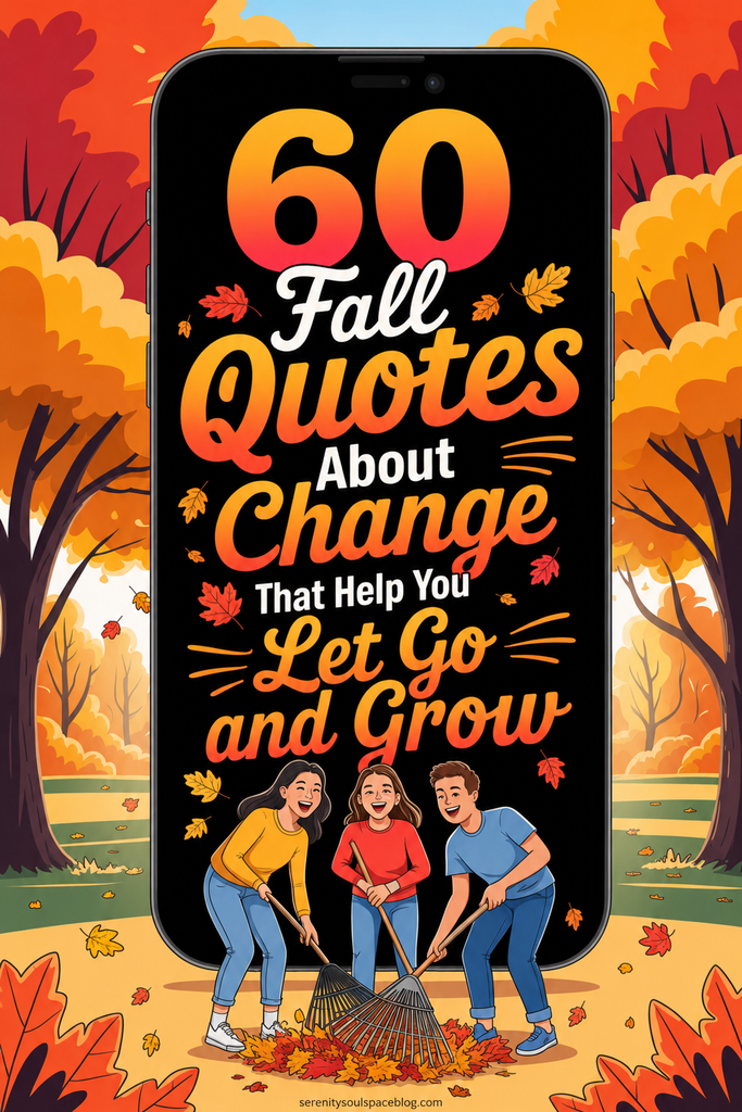 Colorful fall illustration featuring three people raking autumn leaves in front of a large smartphone with the text “60 Fall Quotes About Change That Help You Let Go and Grow,” surrounded by vibrant orange, red, and golden trees.