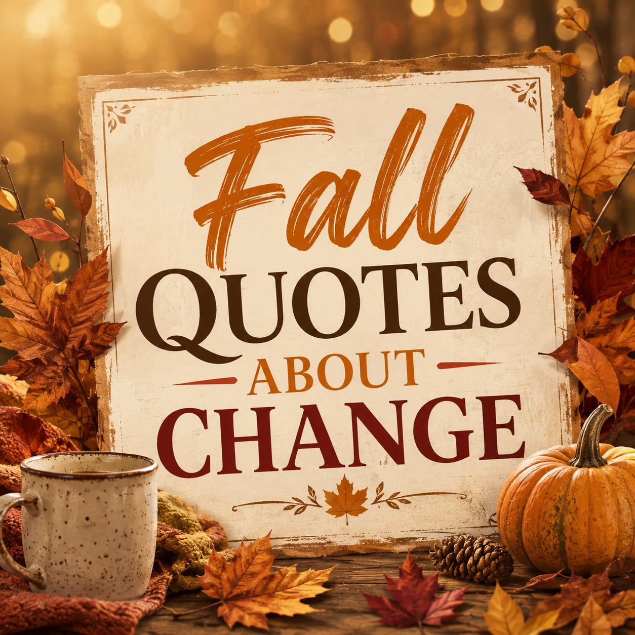 Warm autumn featured image with a rustic sign reading “Fall Quotes About Change,” surrounded by colorful fall leaves, a pumpkin, pinecones, and a cozy mug against a golden seasonal background.