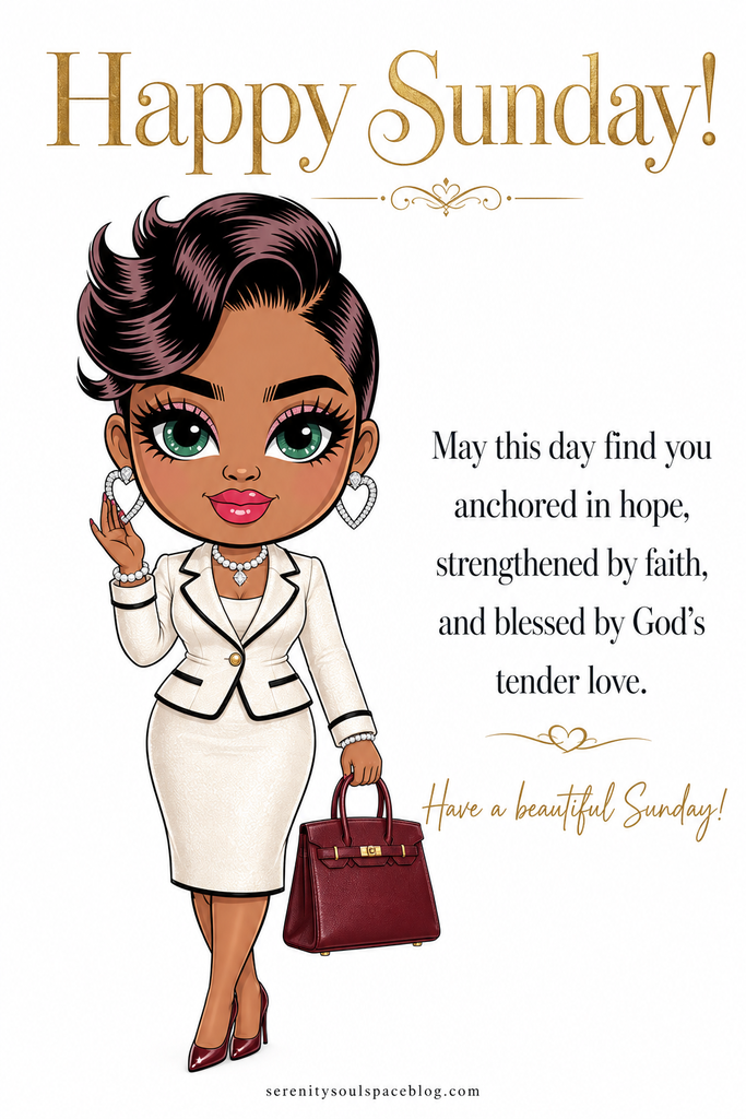 Happy Sunday pin featuring a stylish caricature woman in an elegant ivory church suit holding a burgundy handbag, alongside a message about hope, faith, and God’s tender love.