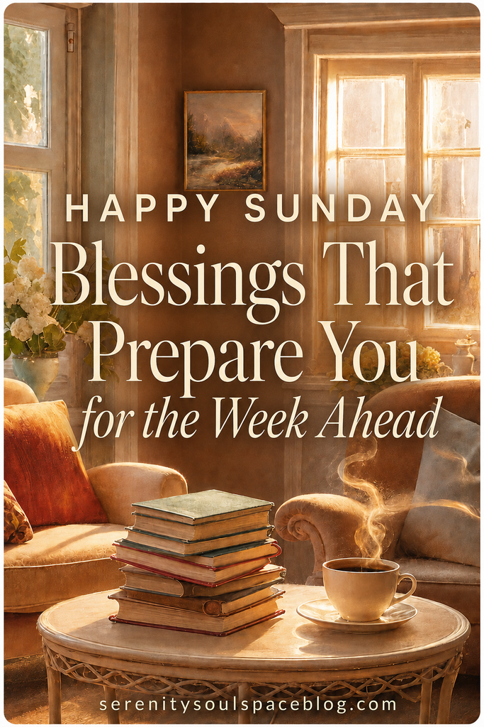 Cozy sunlit living room with stacked books and a steaming cup of coffee beneath the words “Happy Sunday Blessings That Prepare You for the Week Ahead.”