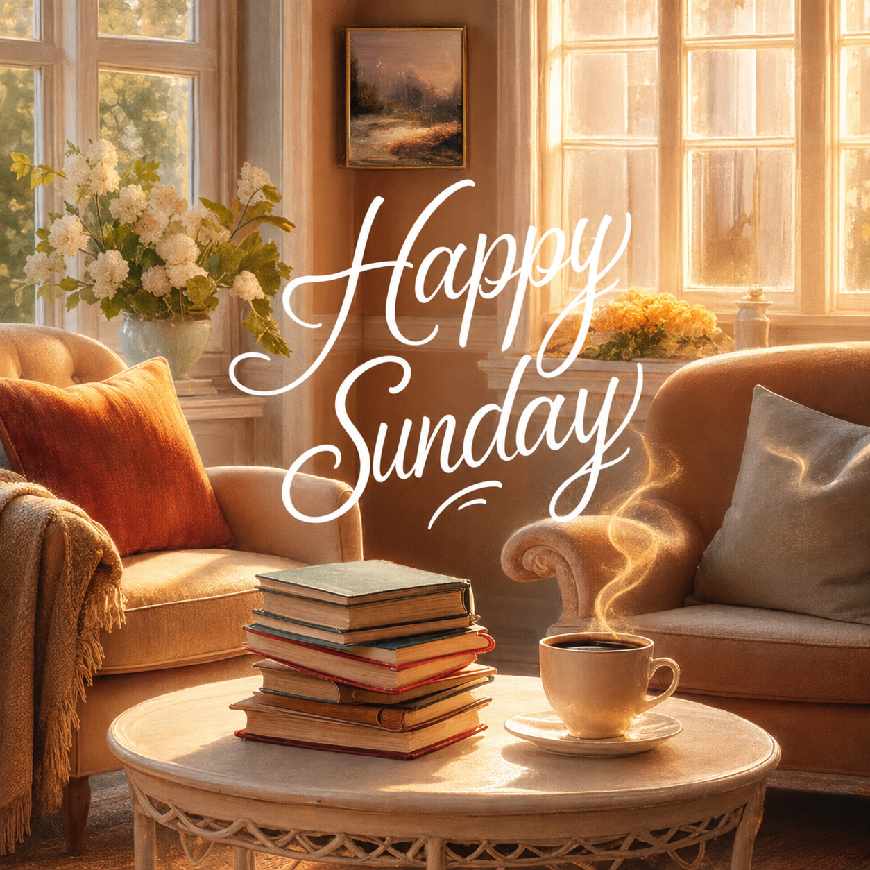 Cozy sunlit living room with two armchairs, fresh flowers, stacked books, and a steaming cup of coffee beneath the words “Happy Sunday.”