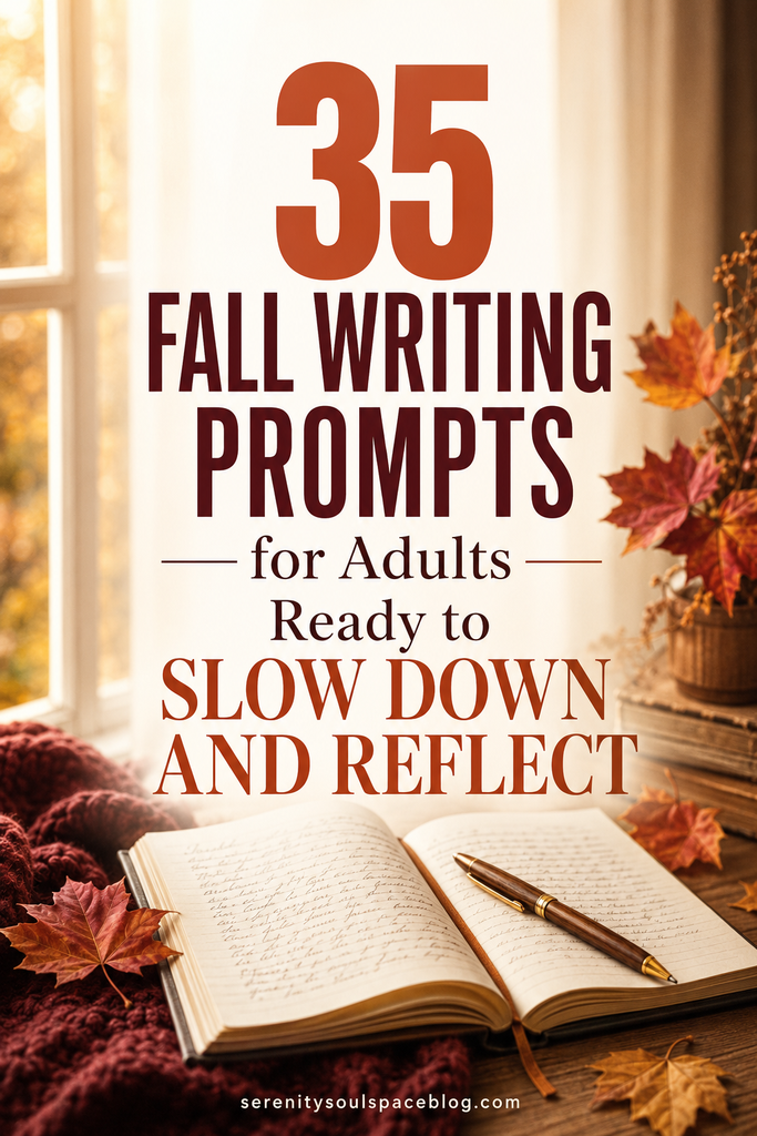 Autumn-themed Pinterest pin featuring an open journal and writing pen surrounded by colorful fall leaves, with the title “35 Fall Writing Prompts for Adults Ready to Slow Down and Reflect.”