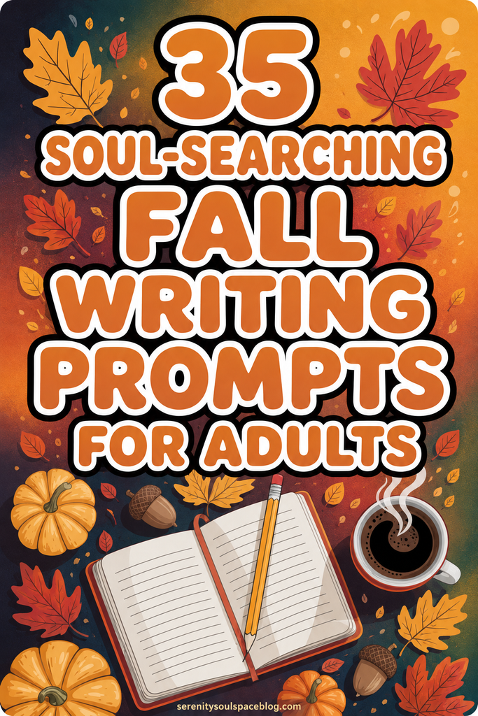 Illustrated autumn pin featuring pumpkins, colorful leaves, acorns, an open journal, pencil, and coffee beside the title “35 Soul-Searching Fall Writing Prompts for Adults.”