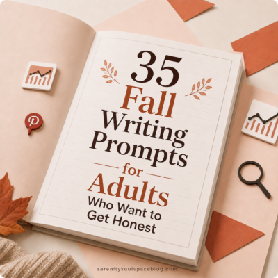 Square featured image with an open journal displaying “35 Fall Writing Prompts for Adults Who Want to Get Honest,” surrounded by autumn leaves and warm terracotta stationery.