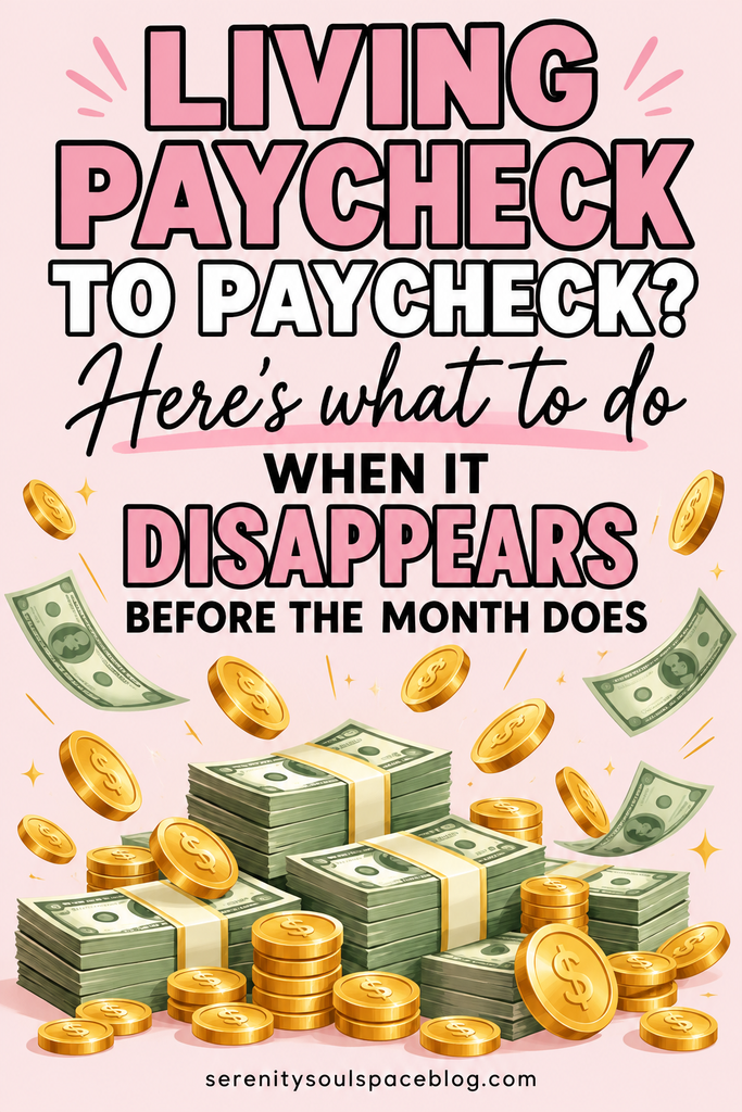 Pink Pinterest pin with the headline “Living paycheck to paycheck? Here’s what to do when it disappears before the month does” above illustrated stacks of cash, falling bills, and gold coins.