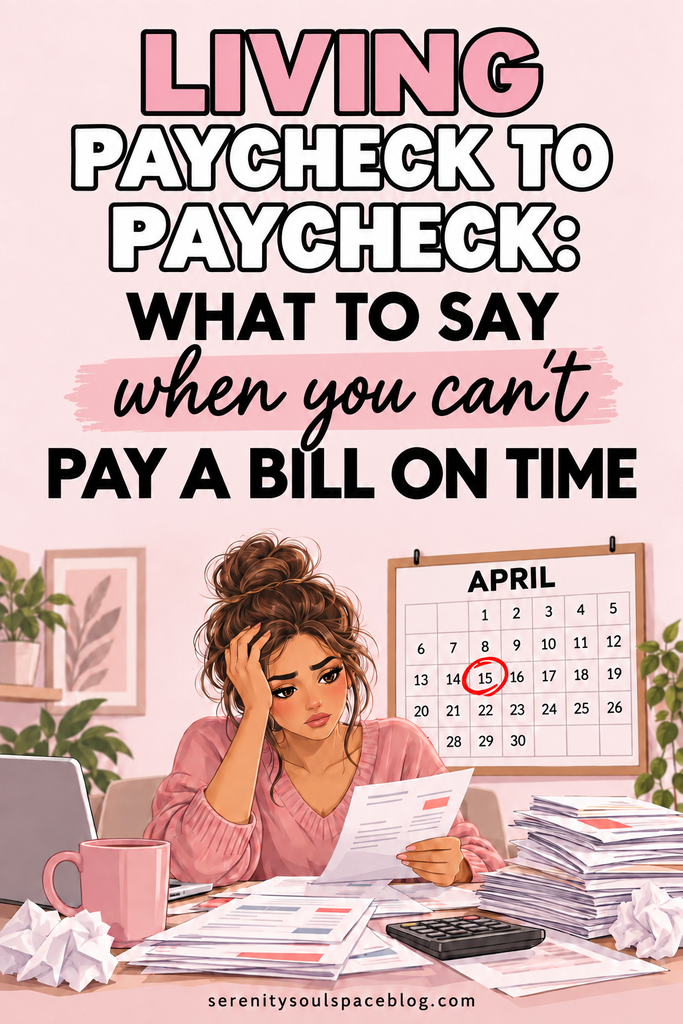 Illustrated Pinterest pin showing a stressed woman reading a bill beside stacks of paperwork. An April wall calendar has the 15th circled in red. The headline reads, “Living paycheck to paycheck: what to say when you can’t pay a bill on time.”