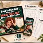 Digital guide displayed on a tablet and smartphone beside printable money-planning worksheets, including a 30-day plan, budget check-in, and spending reset.