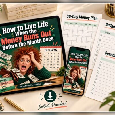 Digital guide displayed on a tablet and smartphone beside printable money-planning worksheets, including a 30-day plan, budget check-in, and spending reset.