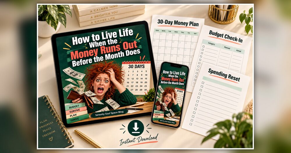 Digital guide displayed on a tablet and smartphone beside printable money-planning worksheets, including a 30-day plan, budget check-in, and spending reset.