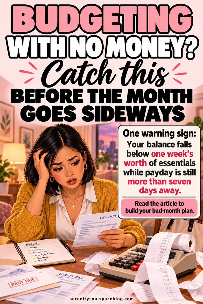 Pink illustrated pin showing a worried young woman with a black bob haircut reviewing a pay stub at a table covered with bills, a budget notebook, and a printing calculator with paper tape. A panel gives a warning sign and directs readers to the article.