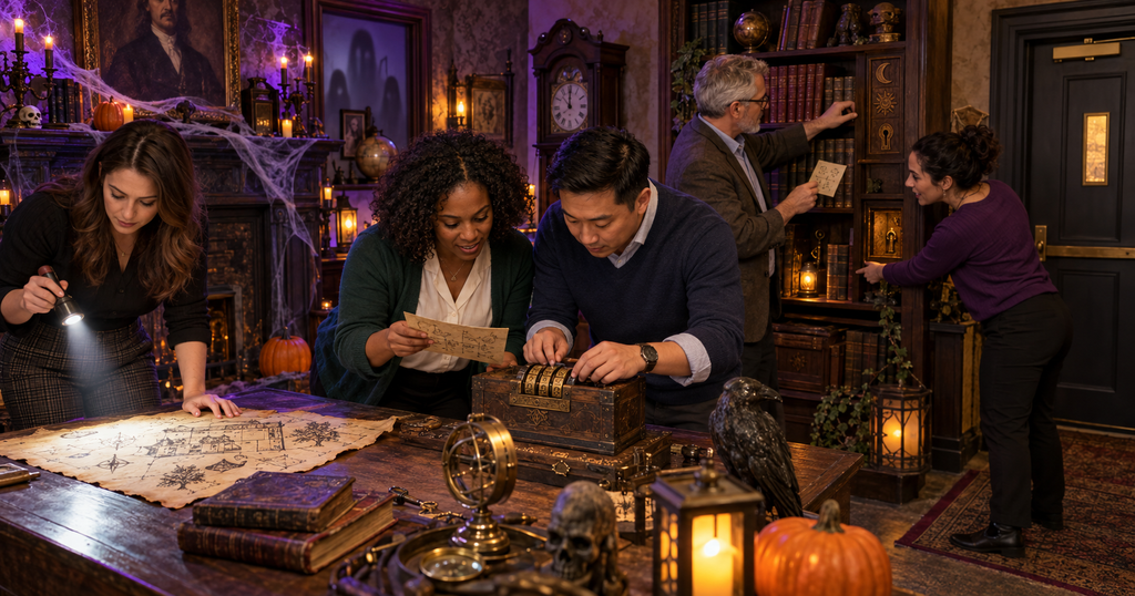 Five coworkers solve clues in a Halloween-themed escape room. Two examine a combination-locked chest, one studies a map with a flashlight, and two search a bookshelf surrounded by cobwebs, pumpkins, and glowing lanterns.