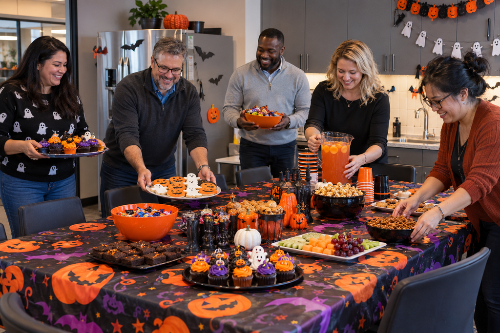 Five coworkers arrange Halloween cupcakes, cookies, candy, and orange punch on a large table covered with a pumpkin-and-bat tablecloth in an office breakroom. Ghost garlands, paper bats, and pumpkin decorations surround the refrigerator, sink, and cabinets.