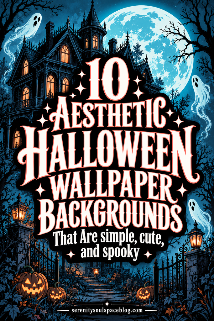 Halloween pin featuring a blue moonlit haunted house, floating white ghosts, bare trees, and glowing pumpkins. Large ivory gothic lettering reads “10 Aesthetic Halloween Wallpaper Backgrounds That Are simple, cute, and spooky.”