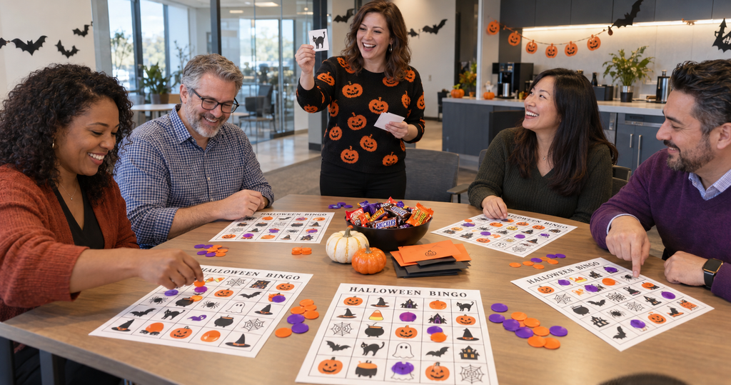 Four coworkers mark Halloween picture bingo cards with orange and purple counters while a standing caller holds up a black cat card. Candy prizes and mini pumpkins sit on the table in an office breakroom decorated with paper bats and a pumpkin garland.