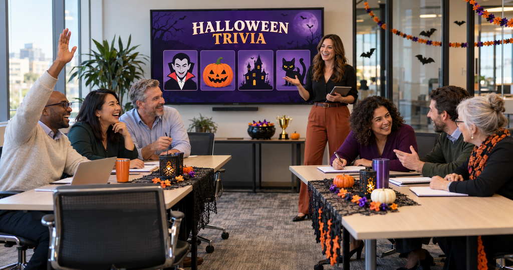 Coworkers compete in two teams during Halloween trivia in a decorated office conference room. A host stands beside a screen displaying “Halloween Trivia,” while one participant raises his hand and others discuss answers. Mini pumpkins, lanterns, paper bats, and garlands decorate the room.