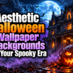 Moonlit haunted Victorian house with a shadowy figure in an upstairs window, purple fog, and a fiery jack-o’-lantern. Bold white, orange, and lavender text reads “Aesthetic Halloween Wallpaper Backgrounds for Your Spooky Era.”