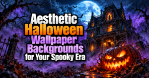 Moonlit haunted Victorian house with a shadowy figure in an upstairs window, purple fog, and a fiery jack-o’-lantern. Bold white, orange, and lavender text reads “Aesthetic Halloween Wallpaper Backgrounds for Your Spooky Era.”