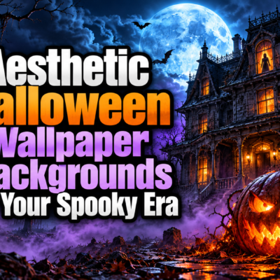 Moonlit haunted Victorian house with a shadowy figure in an upstairs window, purple fog, and a fiery jack-o’-lantern. Bold white, orange, and lavender text reads “Aesthetic Halloween Wallpaper Backgrounds for Your Spooky Era.”