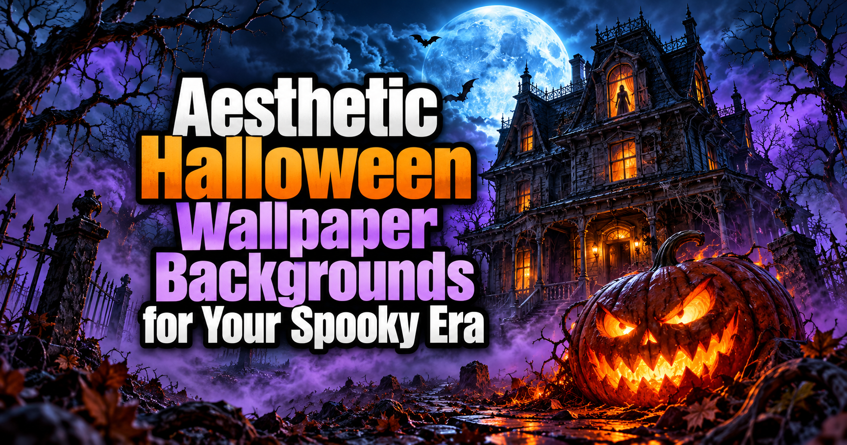 Moonlit haunted Victorian house with a shadowy figure in an upstairs window, purple fog, and a fiery jack-o’-lantern. Bold white, orange, and lavender text reads “Aesthetic Halloween Wallpaper Backgrounds for Your Spooky Era.”