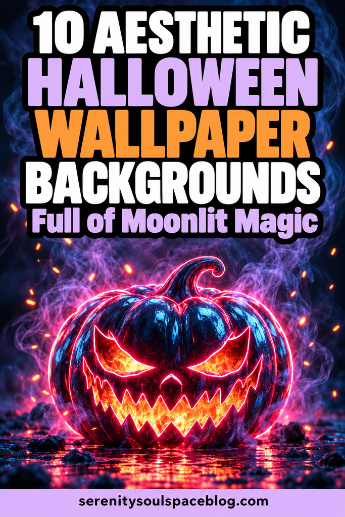 Pinterest pin featuring a glossy evil jack-o’-lantern with glowing orange eyes, pink neon edges, and swirling purple smoke. Bold white, lavender, and orange text reads “10 Aesthetic Halloween Wallpaper Backgrounds Full of Moonlit Magic.”