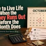 October calendar with the 15th circled in red beside household bills, a calculator, coins, cash, and a checking account planner for managing a difficult financial month.