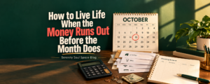 October calendar with the 15th circled in red beside household bills, a calculator, coins, cash, and a checking account planner for managing a difficult financial month.