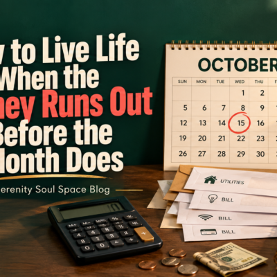 October calendar with the 15th circled in red beside household bills, a calculator, coins, cash, and a checking account planner for managing a difficult financial month.