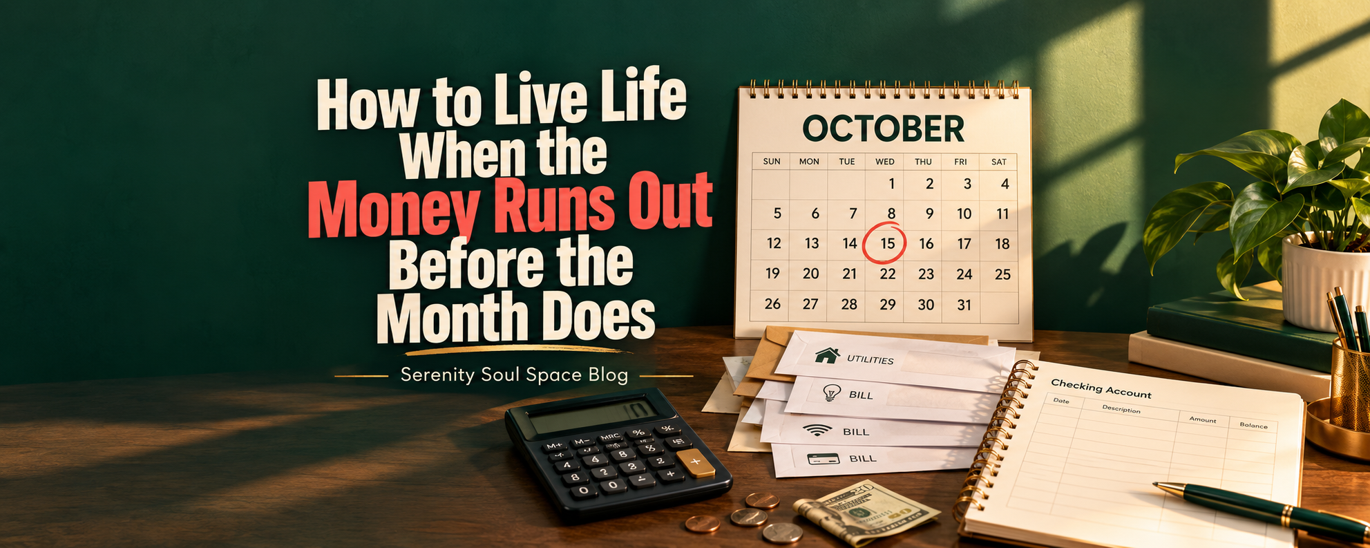 October calendar with the 15th circled in red beside household bills, a calculator, coins, cash, and a checking account planner for managing a difficult financial month.