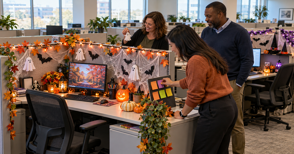 Three coworkers admire office cubicles decorated with cobwebs, hanging ghosts, paper bats, mini pumpkins, fall leaves, and orange string lights. One coworker places a sticky-note vote on a board for the Halloween desk decorating contest.